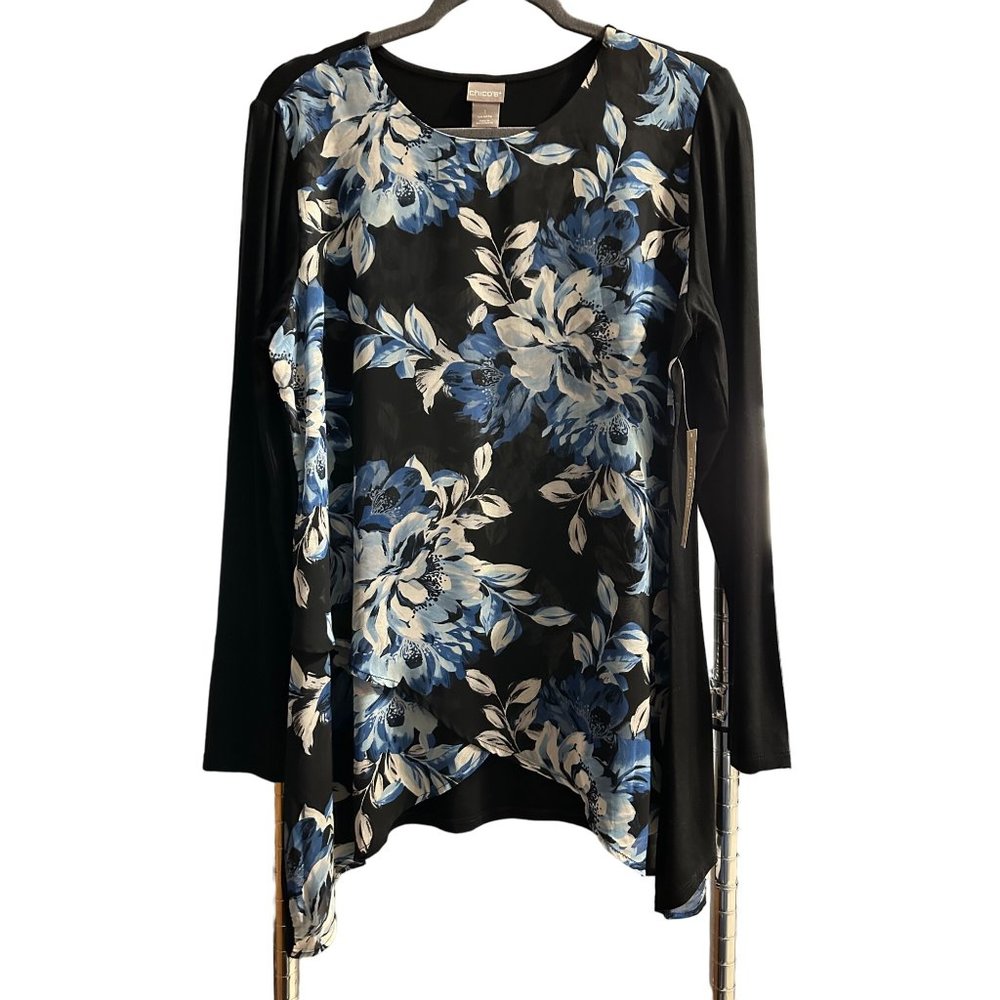 Chico’s NWT size 1 (M) navy blue floral print crossover drape long sleeve top